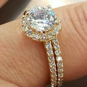 14k Solid Real yellow Gold Engagement ring 2pc set
